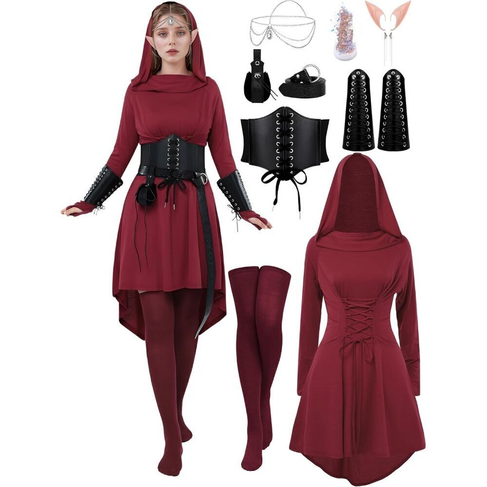 Women Medieval Fairy Costume Set 10 pcs Robe Elf Accessories Halloween